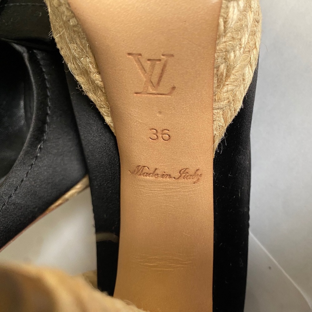 Louis Vuitton satin black espadrille clogs heels pumps platforms 36 Rivoli bow - Picture 12 of 12